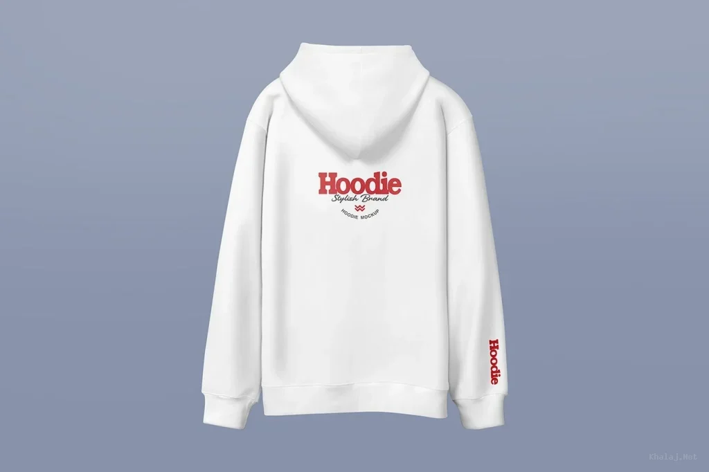 PSD Mockup Hoodie Apparel Design, White hoodie with red text logo on back and sleeve