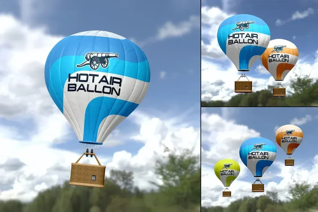 PSD Mockup Hot Air Balloon, Three hot air balloons floating in a cloudy sky, shown in blue, orange and green.