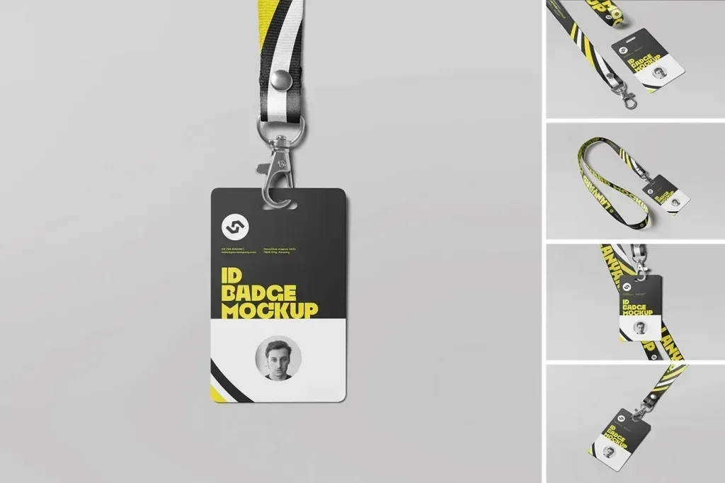 PSD Mockup ID Card with Front, ID badge mockup with lanyard and angled card views on a light gray background