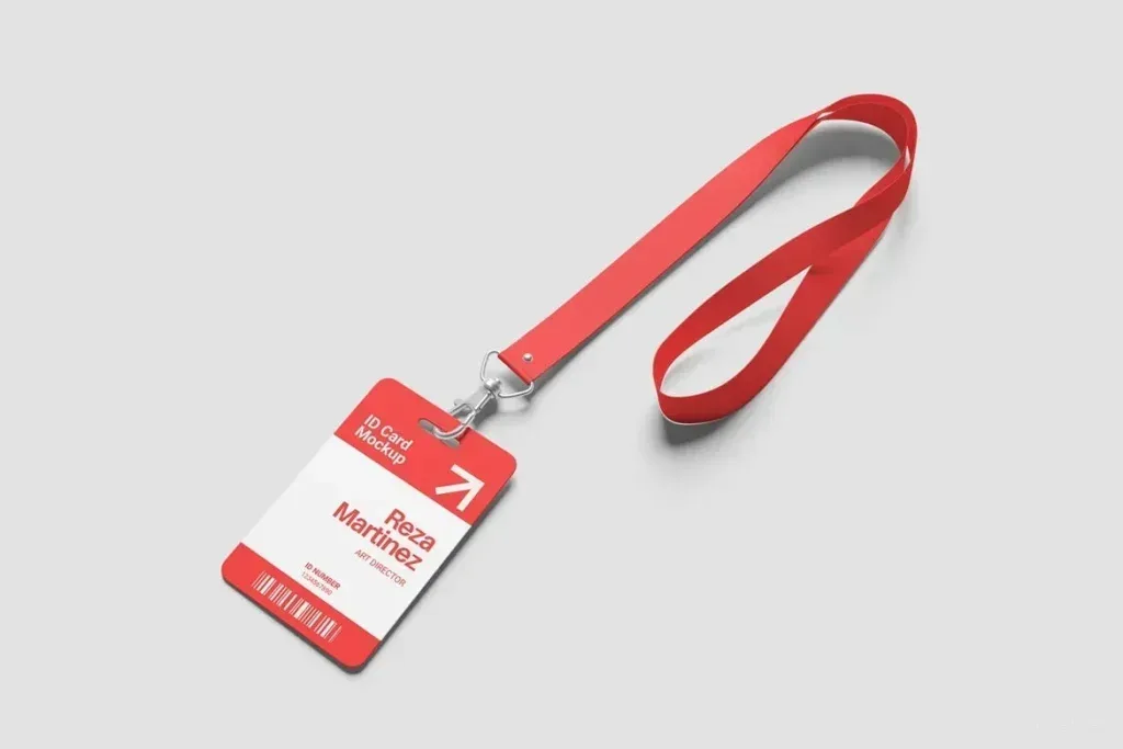 PSD Mockup ID Card with Lanyard, Red lanyard with an ID card mockup on a light background