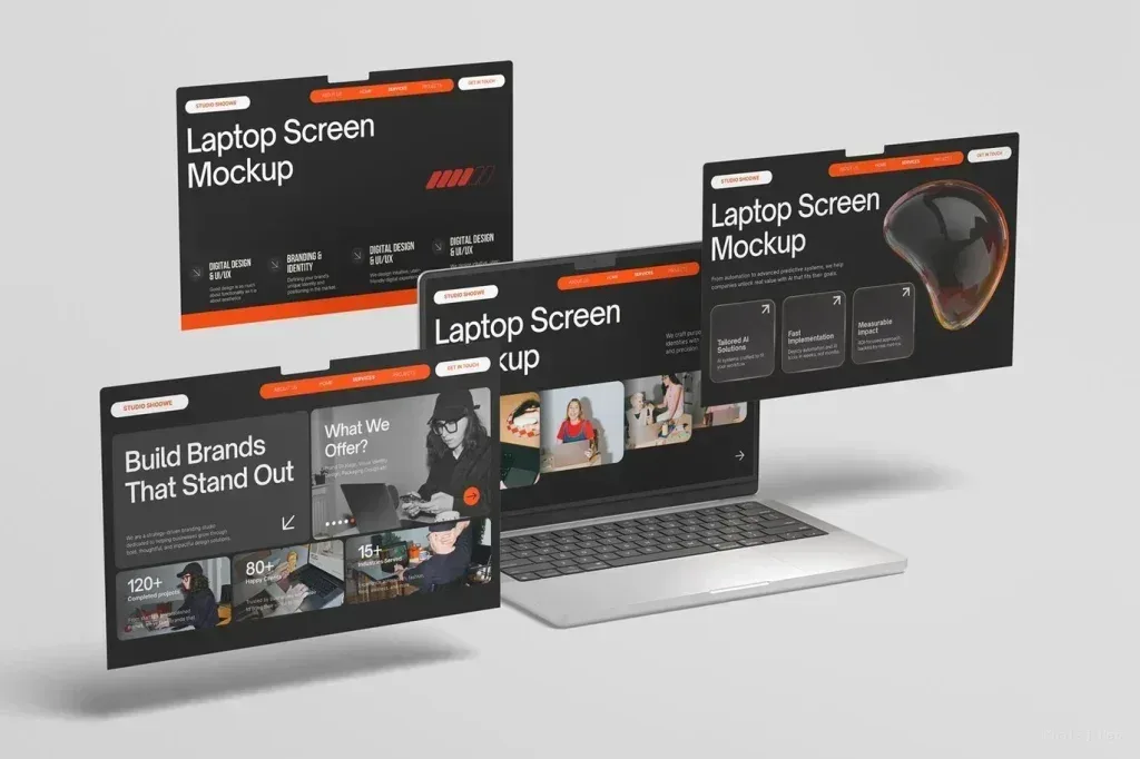 PSD Mockup iMac Website, Floating website mockups above a laptop on a light gray background