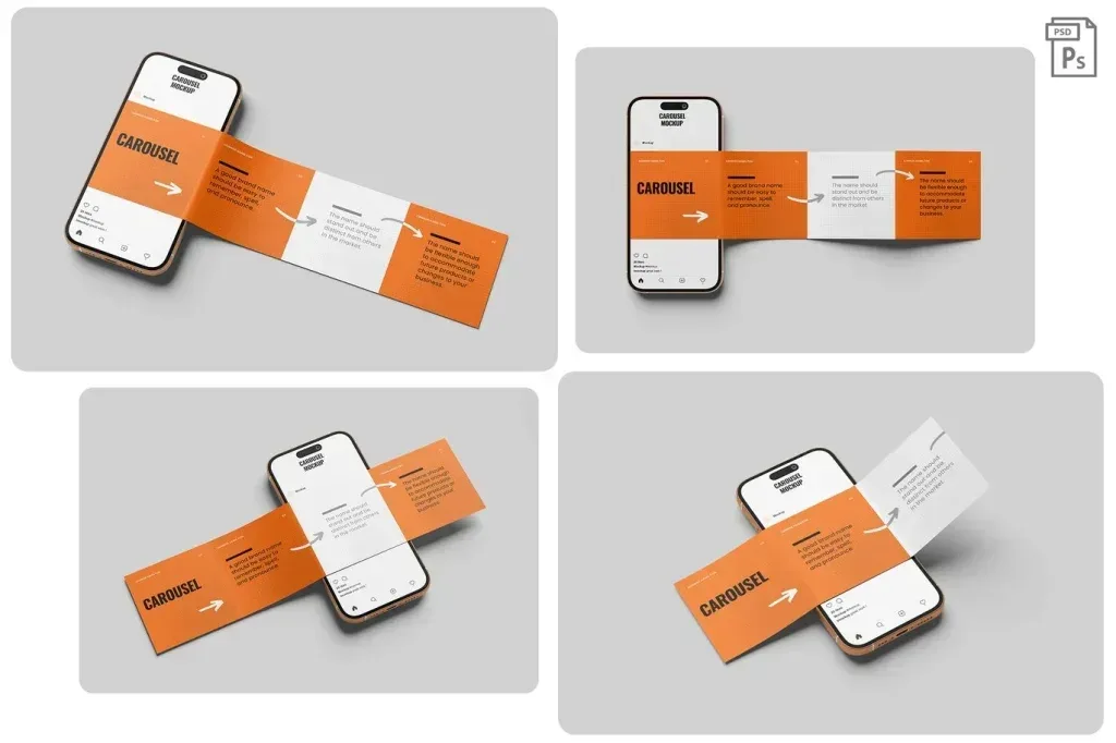 PSD Mockup Instagram Carousel Post, Smartphone mockup showing an orange and white Instagram carousel layout