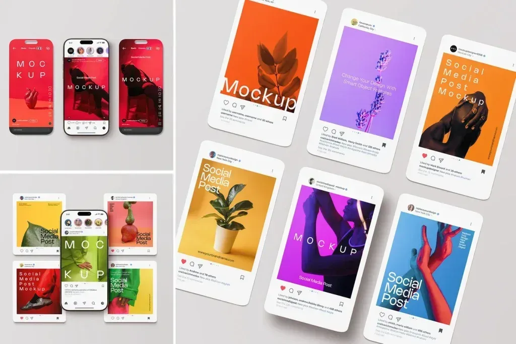 PSD Mockup Instagram Post, Instagram post mockup shown on several smartphone screens and tilted social feed cards