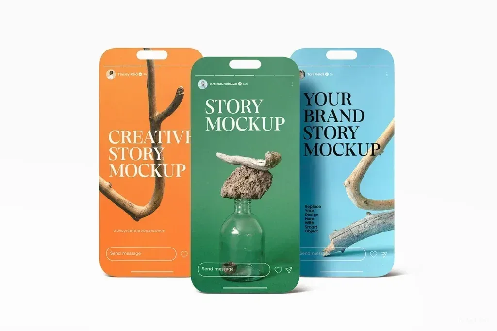 PSD Mockup Instagram Story, Three vertical story mockups in orange, green, and blue with branch and stone details
