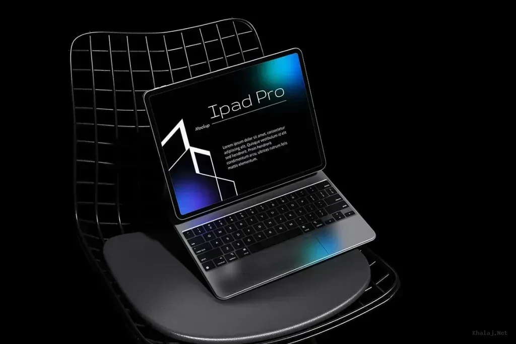 PSD Mockup iPad Pro with 4, iPad Pro with keyboard on a wire chair against a black background