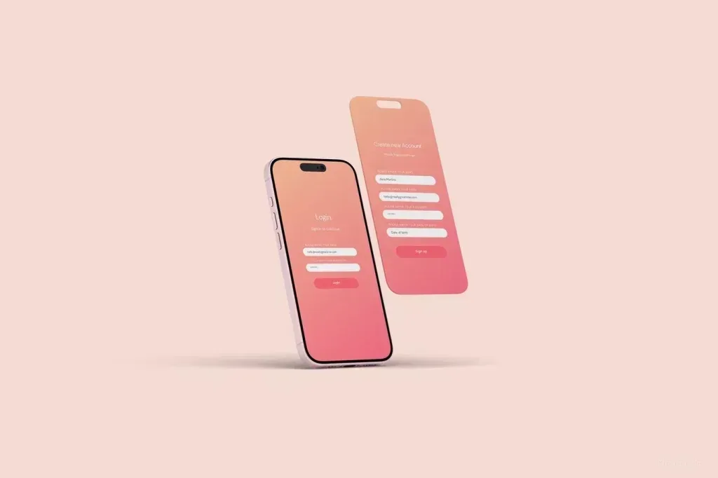 PSD Mockup iPhone 15 Plus, iPhone 15 Plus mockup showing login and create account screens on pink background