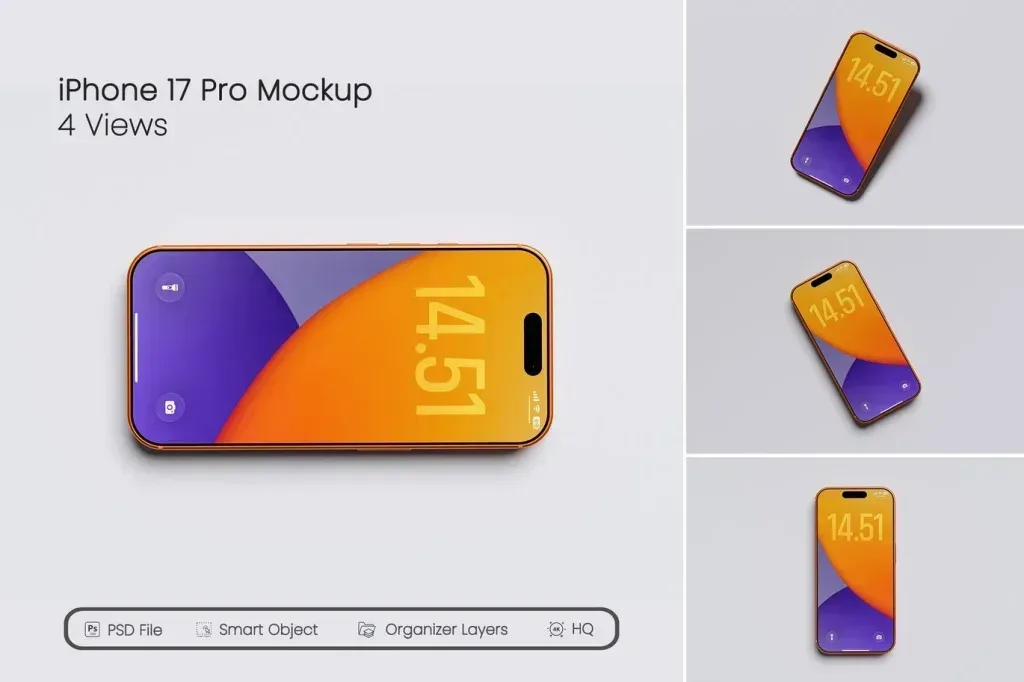 PSD Mockup Iphone 17 Pro Device Showcase Scene Set
