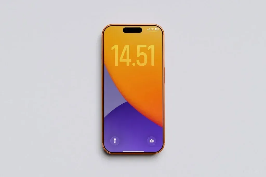 PSD Mockup Iphone 17 Pro, Orange smartphone on a light background with a purple and orange lock screen
