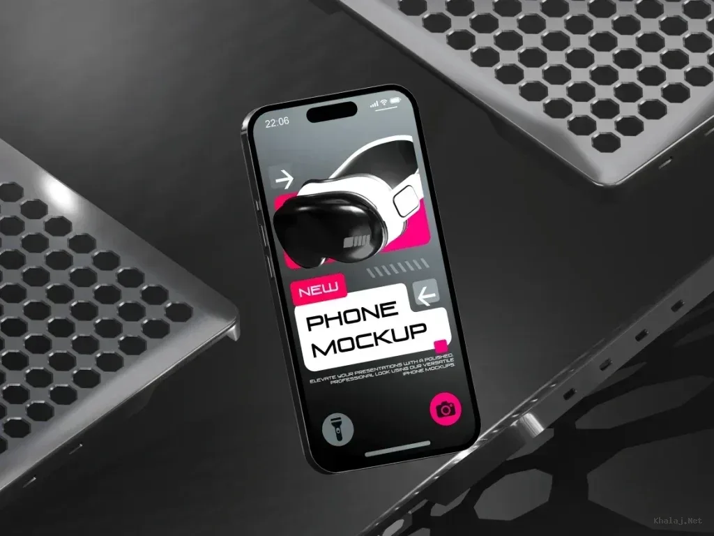 PSD Mockup iPhone on Dark, iPhone mockup on dark perforated metal with a black and pink screen design