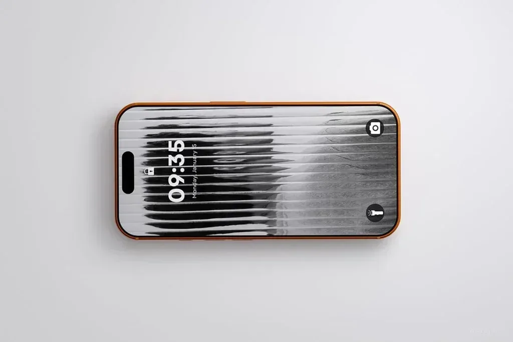 PSD Mockup iPhone Set with 5, iPhone mockup with orange frame, abstract black and white screen, and lock screen time 09:35