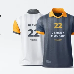PSD Mockup Jersey Apparel Design, Front and back views of customizable sports jersey mockup with yellow and dark blue colors