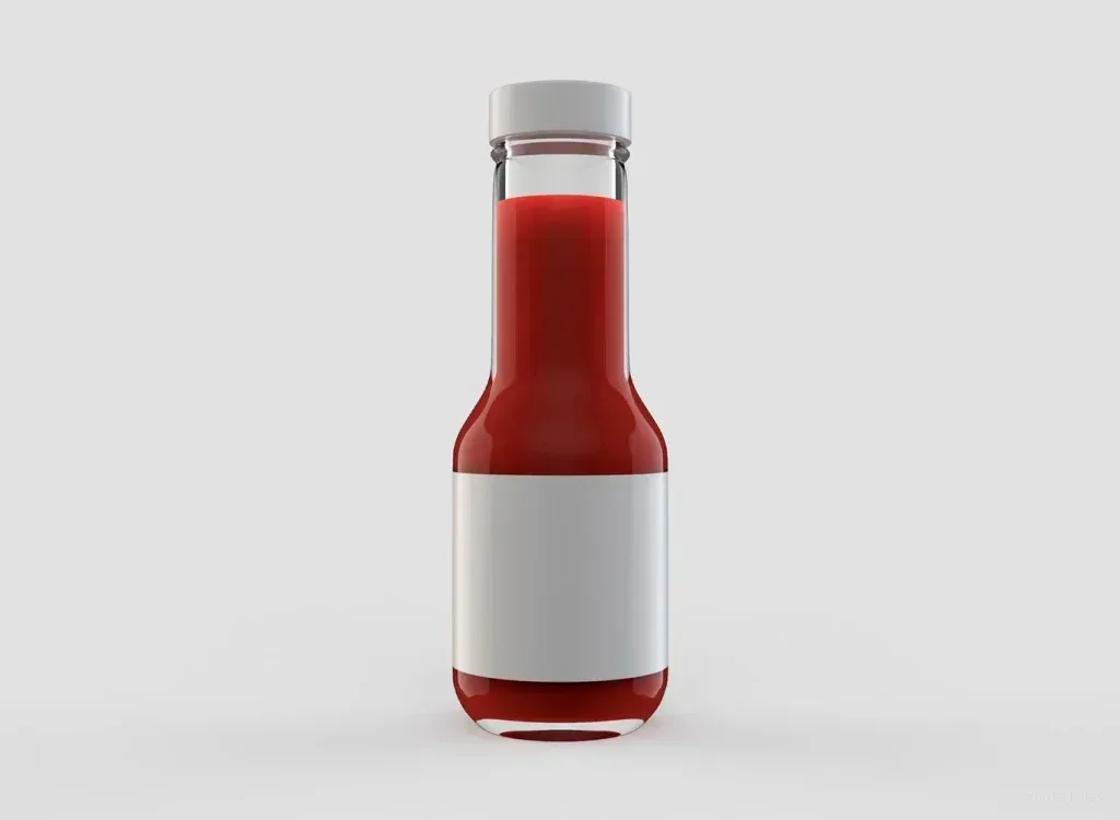 PSD Mockup Ketchup Sauce Bottle, Clear glass bottle filled with red ketchup sauce and white label
