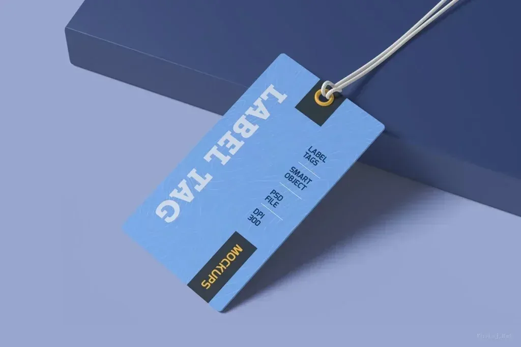 PSD Mockup Label Tag Display, Blue label tag with white text and string on blue background