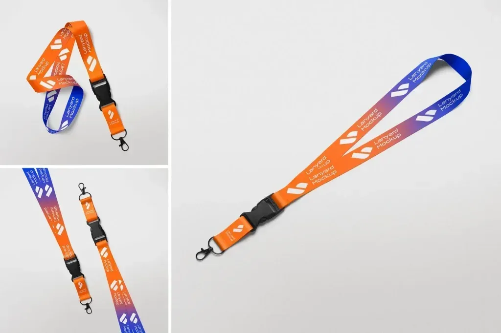 PSD Mockup Lanyard Branding Presentation, Lanyard mockup with orange and blue gradient straps, black clip, and metal hook