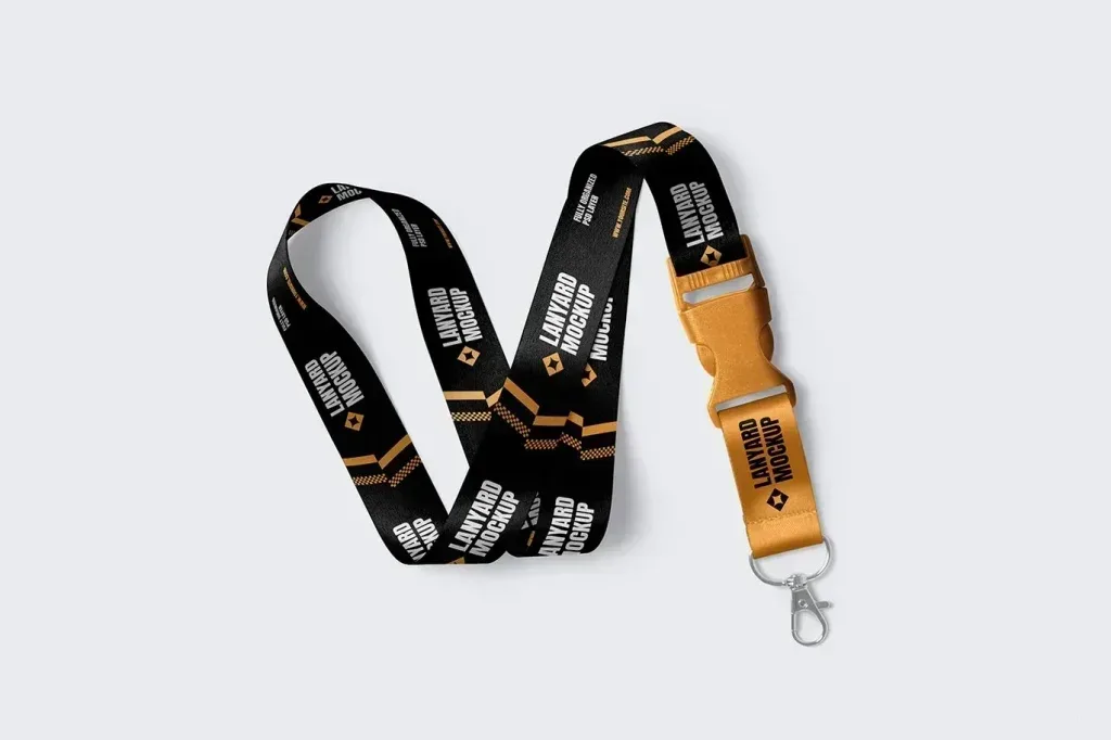 PSD Mockup Lanyard for Branding, Black and gold lanyard mockup with metal clasp on a light background