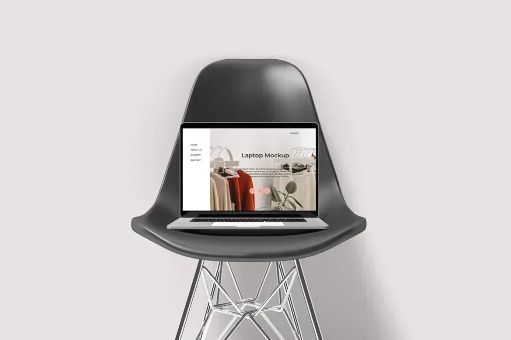 PSD Mockup Laptop and Chair, Laptop on a black chair against a light background