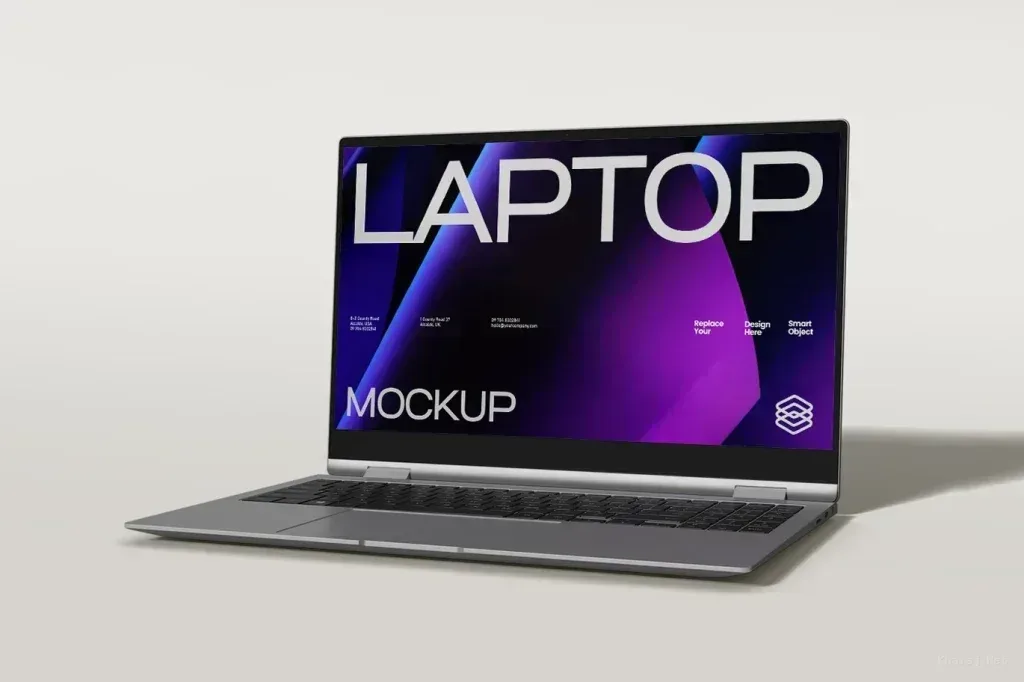 PSD Mockup Laptop for Screen, Silver laptop mockup with a purple abstract design on the screen
