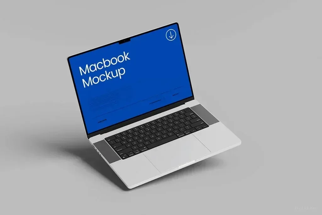 PSD Mockup Laptop High, Open laptop with blue screen showing Macbook Mockup text