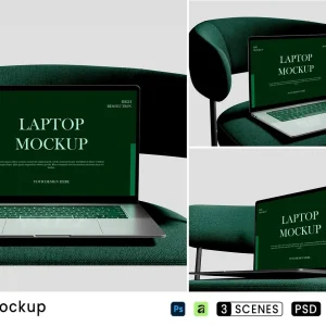 PSD Mockup Laptop Modern Minimal, Modern laptop on a green fabric chair with a dark screen showing laptop mockup text