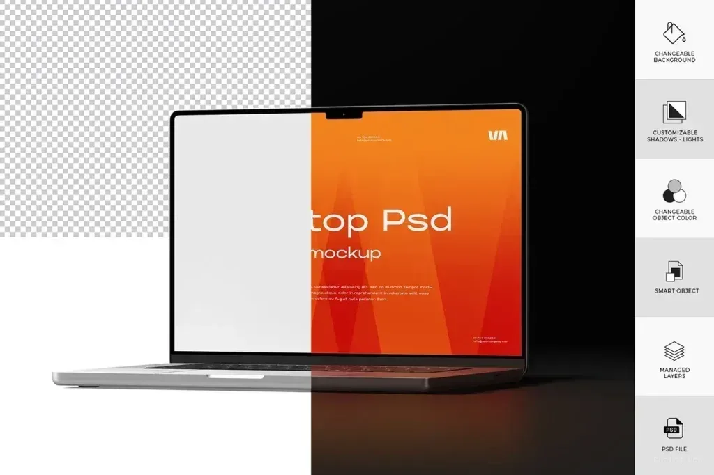PSD Mockup Laptop on Transparent, Laptop mockup with a split transparent and black background, orange screen design