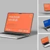 PSD Mockup Laptop on Wooden, Laptop mockup on a gray background with orange and blue screen variations