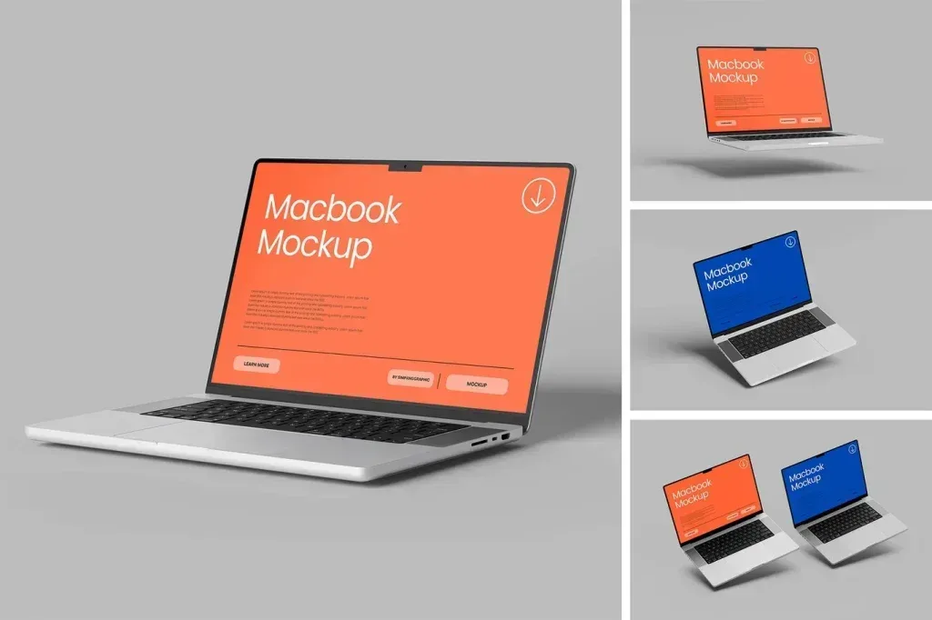 PSD Mockup Laptop on Wooden, Laptop mockup on a gray background with orange and blue screen variations