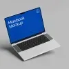 PSD Mockup Laptop on Wooden, Open laptop mockup with a blue screen on a plain gray background
