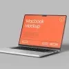 PSD Mockup Laptop on Wooden, Silver laptop mockup with orange screen on a plain gray background