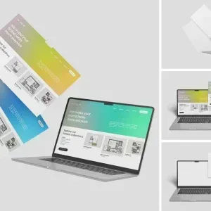 PSD Mockup Laptop Screen Website, Laptop mockup with floating website layout screens on a light gray background