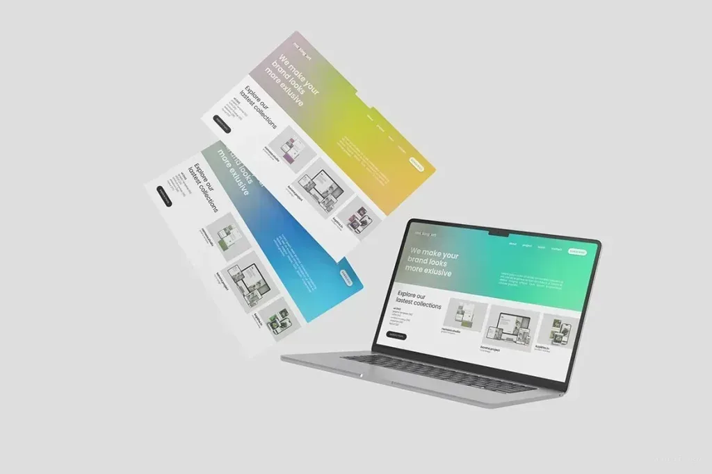 PSD Mockup Laptop Screen Website, Laptop with website design on screen and floating website pages in gradient colors