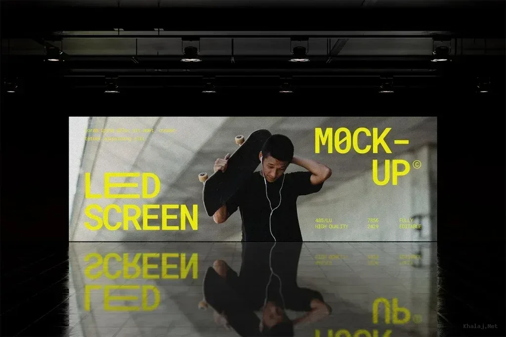 PSD Mockup LED Screen Device, LED screen displaying a young man with a skateboard and earphones