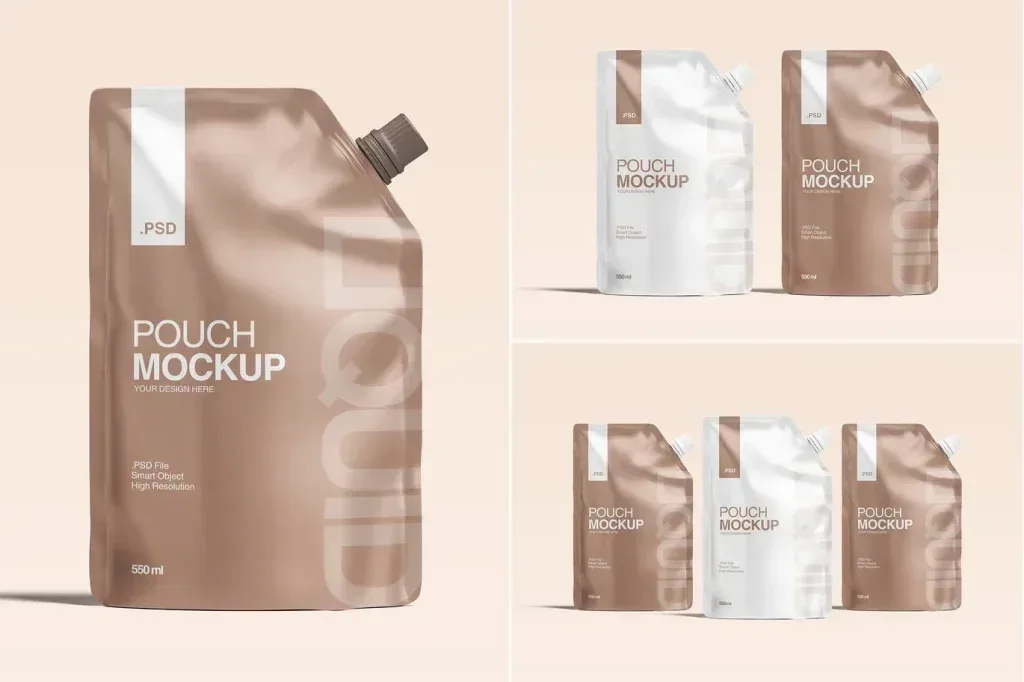 PSD Mockup Liquid Pouch Packaging, Three liquid pouch packaging mockups in brown and white with screw caps