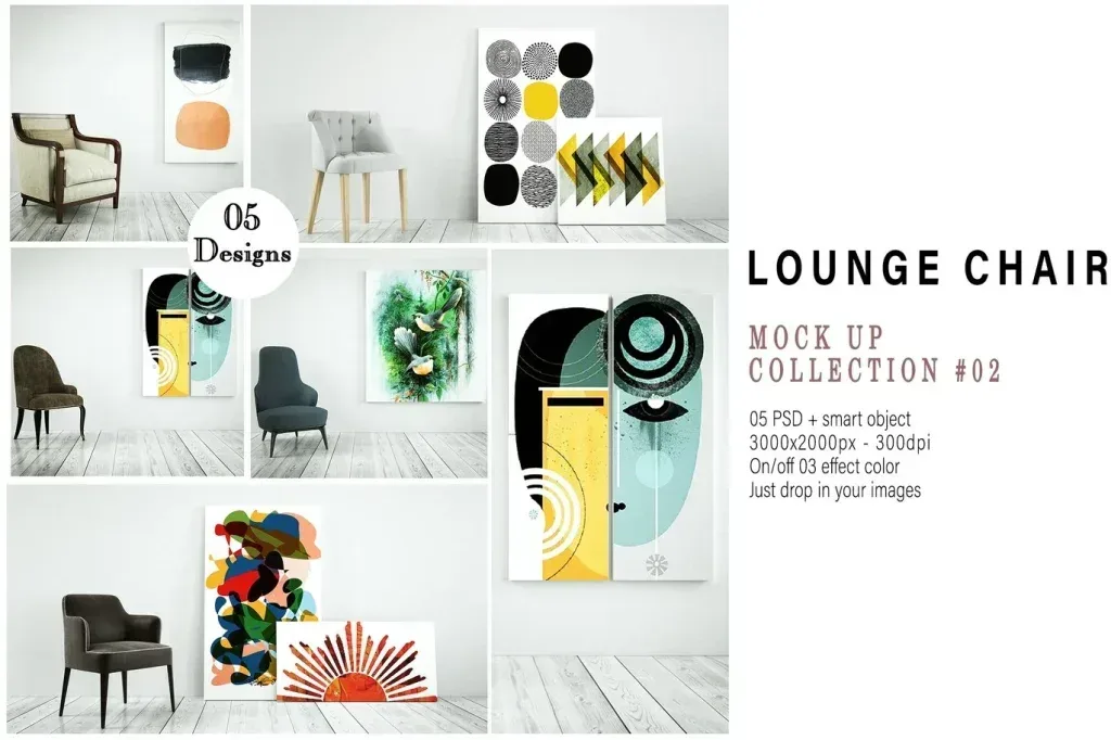 PSD Mockup Lounge Chair Vol, Lounge chair mockup scenes with framed artwork in a bright white room