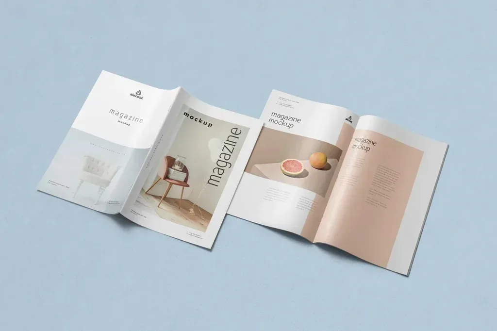 PSD Mockup Magazine Set, Four open magazine mockups on a light blue background with minimalist interior and still life pages