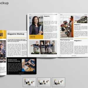 PSD Mockup Magazine with Smart, Open magazine mockup showing pages with photos and text layouts