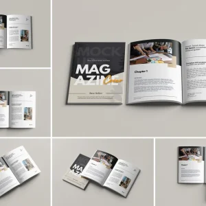 PSD Mockup Magazine with Smart, Open and closed magazine mockup with modern cover and inside pages layout