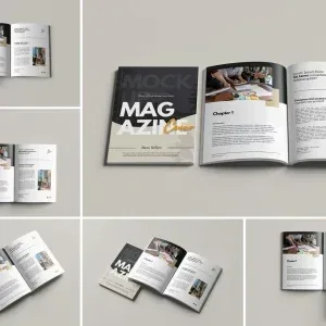 PSD Mockup Magazine with Smart, Open and closed magazine mockup with modern cover and interior pages