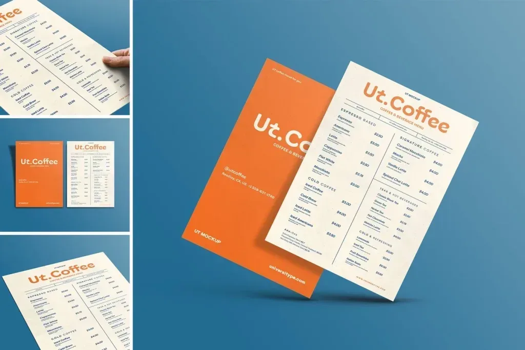PSD Mockup Menu Presentation for Restaurant, Coffee menu mockup with orange cover and cream menu pages on a blue background