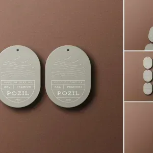 PSD Mockup Minimal Hanging Price, Two oval hanging price tags on a brown background, with three smaller layout views at right