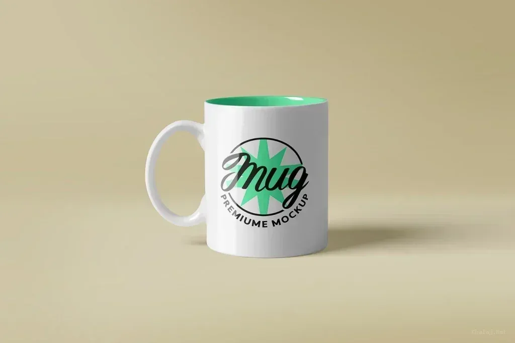 PSD Mockup Mug Realistic Design, White ceramic mug with green interior and black and green logo on front