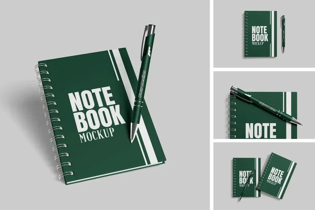 PSD Mockup Notebook with Pen, Green spiral notebook with a matching pen on a light gray background
