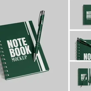 PSD Mockup Notebook with Pen, Green spiral notebook with a matching pen on a light gray background