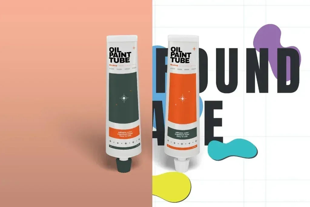 PSD Mockup Oil Paint Tube, Two oil paint tubes on a split peach and white background with bold typography and abstract shapes