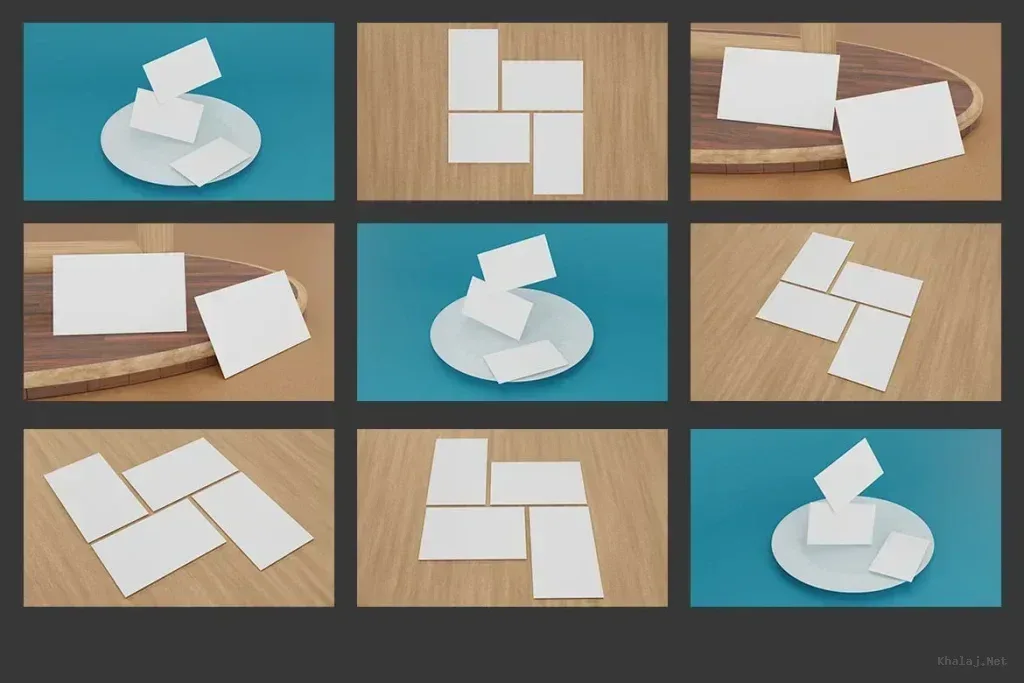 PSD Mockup Perspective Business Card, Blank business cards arranged in perspective on wooden and blue backgrounds