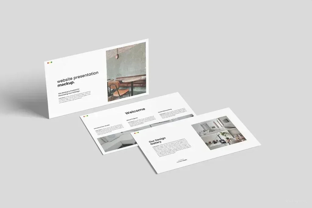 PSD Mockup Perspective Web Page, Three angled website page mockups on a light gray background