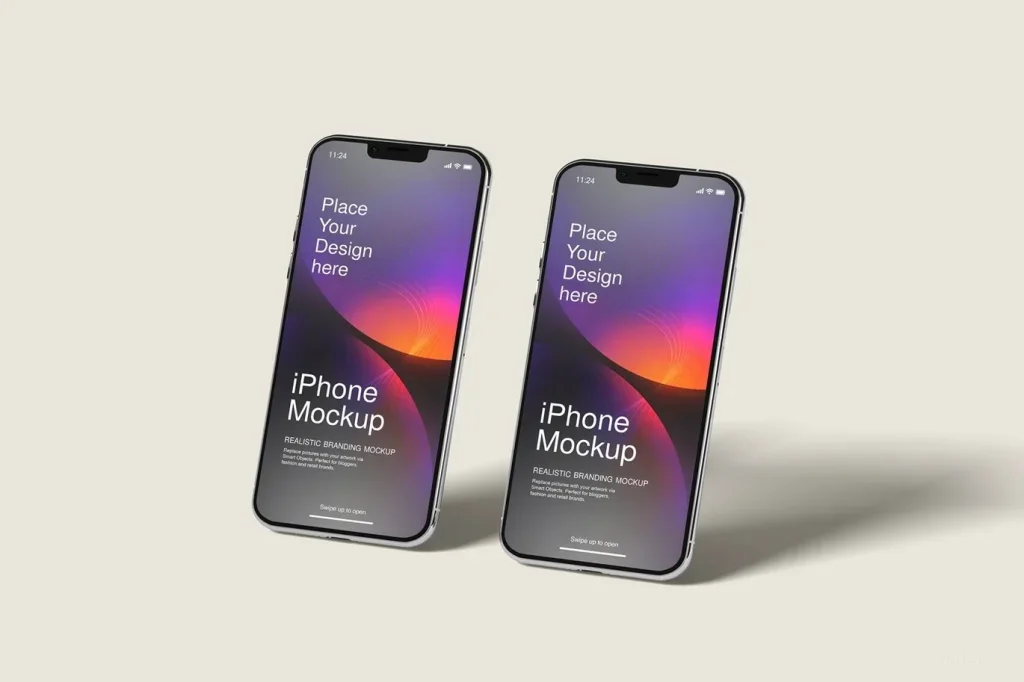 PSD Mockup Phone Branding for iPhone, Two iPhones standing with colorful abstract screen designs on beige background