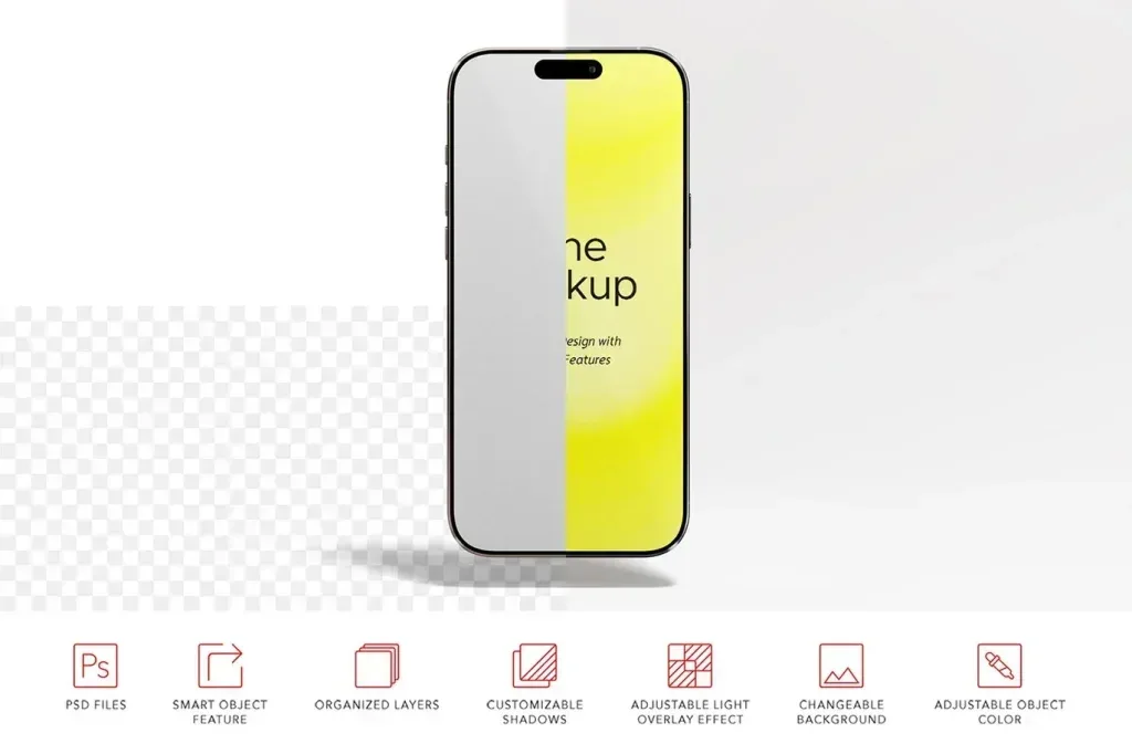 PSD Mockup Phone for App, Front view of a smartphone mockup with a split gray and yellow screen on a light background