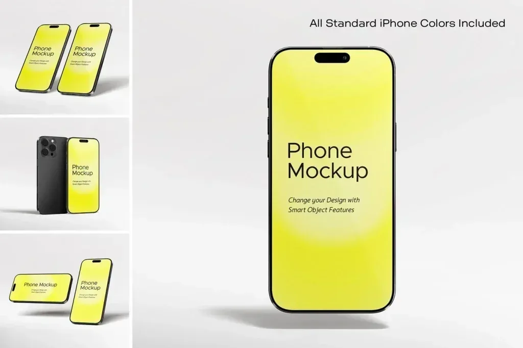 PSD Mockup Phone for App, Yellow-screen phone mockup shown in multiple iPhone color variants