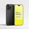 PSD Mockup Phone for App, Two black smartphones on a light background, one showing a yellow phone mockup screen