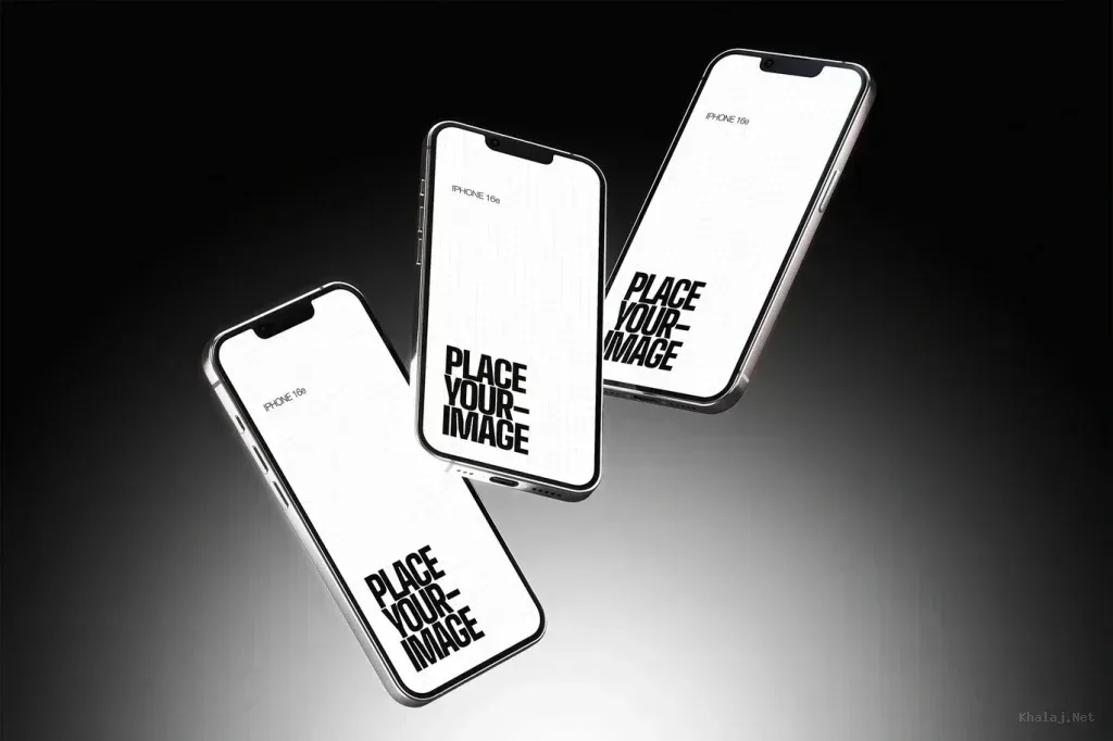 PSD Mockup Phone for Device, Three angled smartphones on a dark background with blank screens and placeholder text